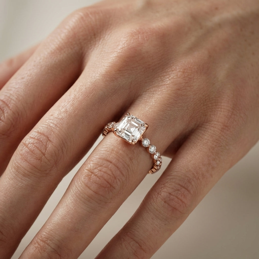 Asscher Cut Lab Grown Diamond Eleanor Majesty Engagement Ring in Rose Gold