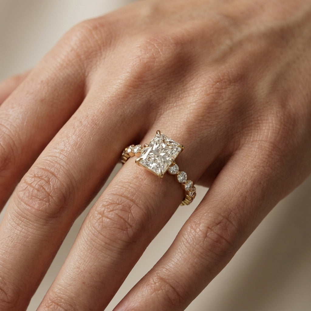 Radiant Cut Lab Grown Diamond Engagement Ring with Side Stones in Yellow Gold