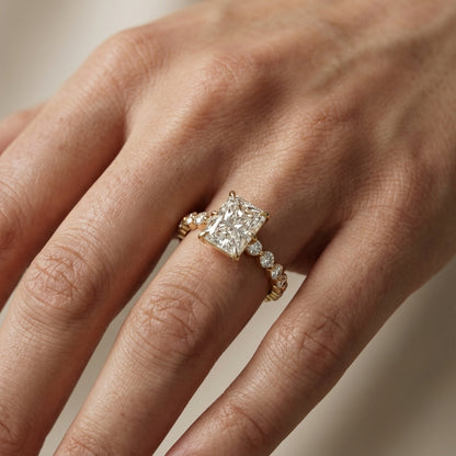 Radiant Cut Lab Grown Diamond Engagement Ring with Side Stones in Yellow Gold