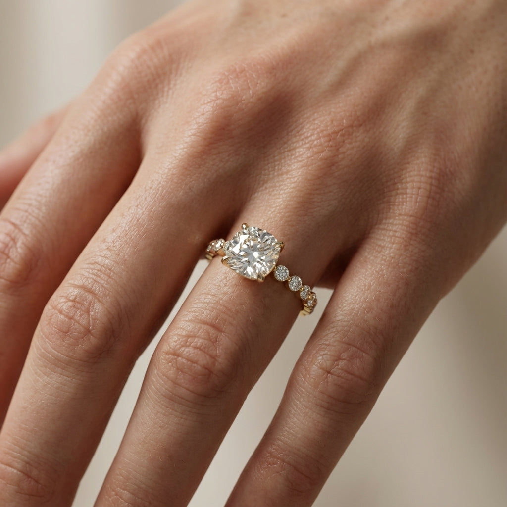 Cushion Cut Lab Grown Diamond Eleanor Majesty Engagement Ring set in Yellow Gold