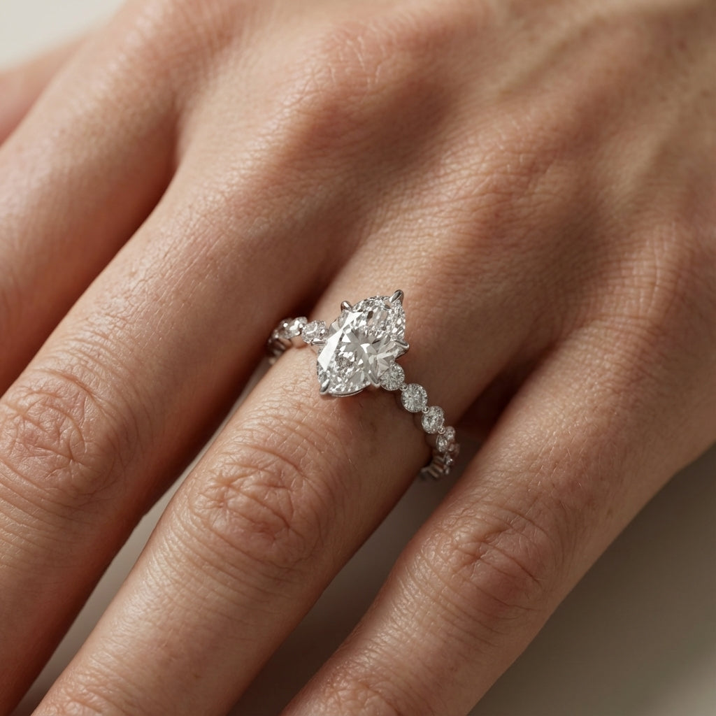 Oval Cut Lab Grown Diamond Eleanor Majesty Engagement Ring with Side Stones in White Gold