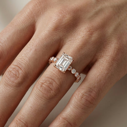 Emerald Cut Lab Grown Diamond Engagement Ring with Side Stones in Rose Gold