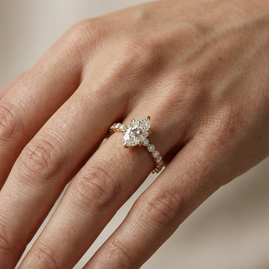 Oval Cut Lab Grown Diamond Eleanor Majesty Engagement Ring with Side Stones in Yellow Gold