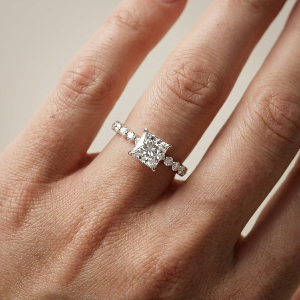 Princess Cut Lab Grown Diamond Engagement Ring in Silver with floating side stones