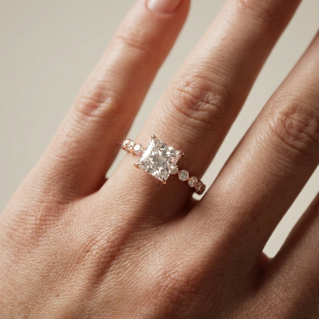 Princess Cut Lab Grown Diamond Engagement Ring in Rose Gold with floating side stones