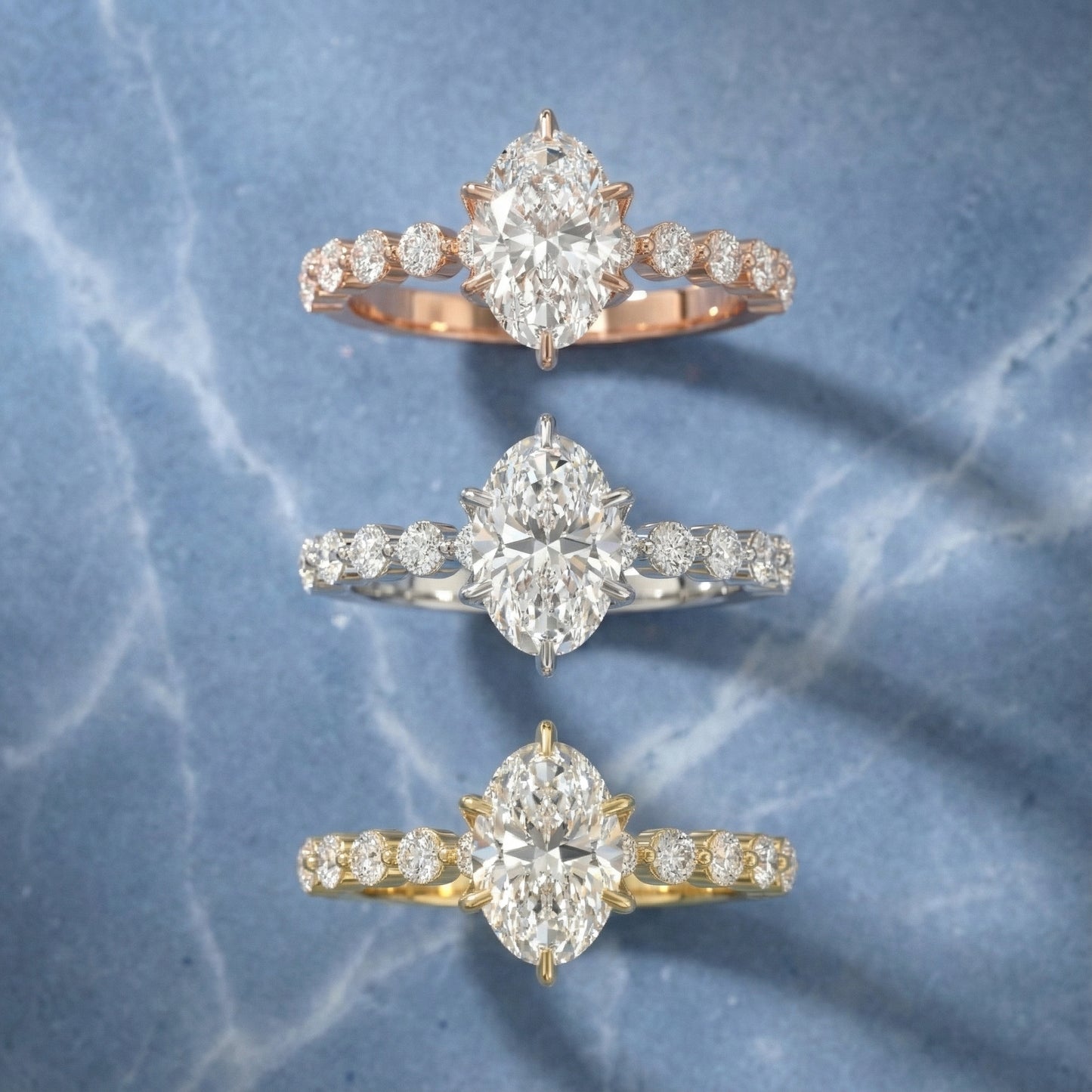 Oval Cut Lab Grown Diamond Eleanor Majesty Engagement Ring with Side Stones in Yellow Gold