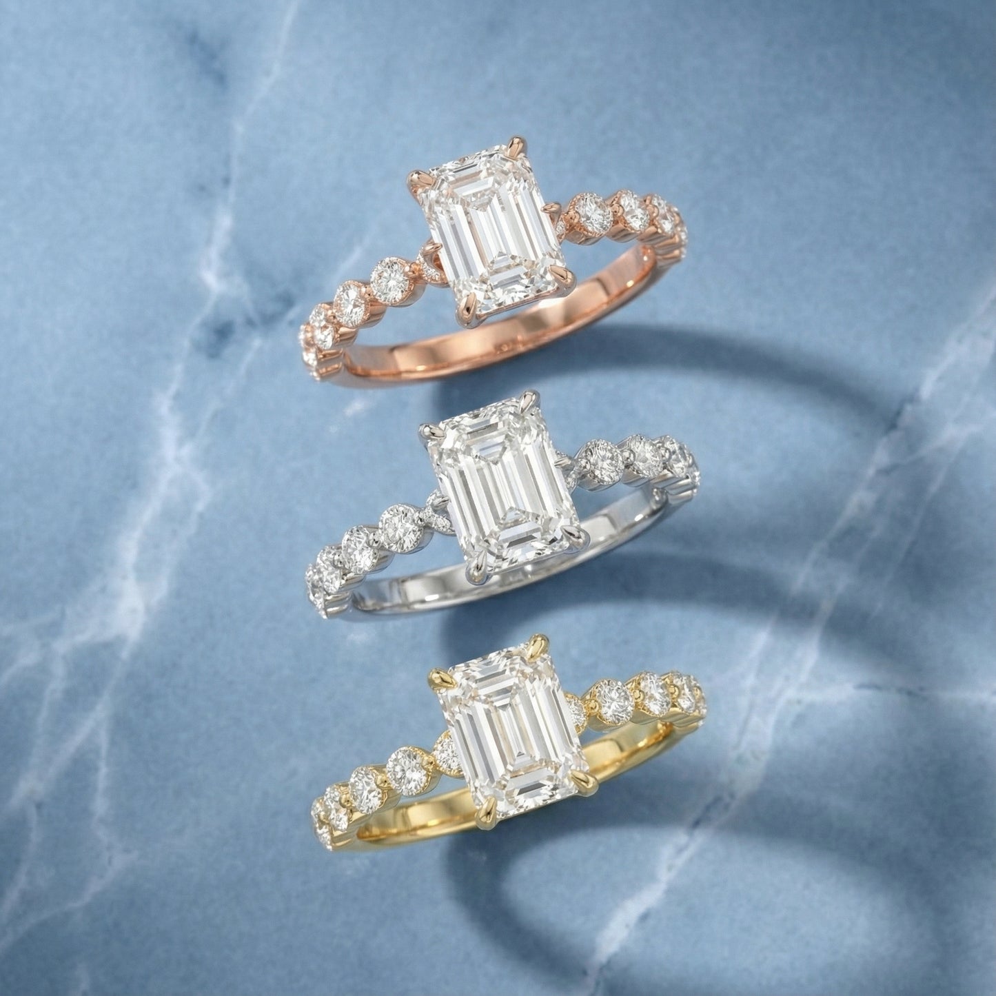 Emerald Cut Lab Grown Diamond Engagement Ring with Side Stones in Yellow Gold