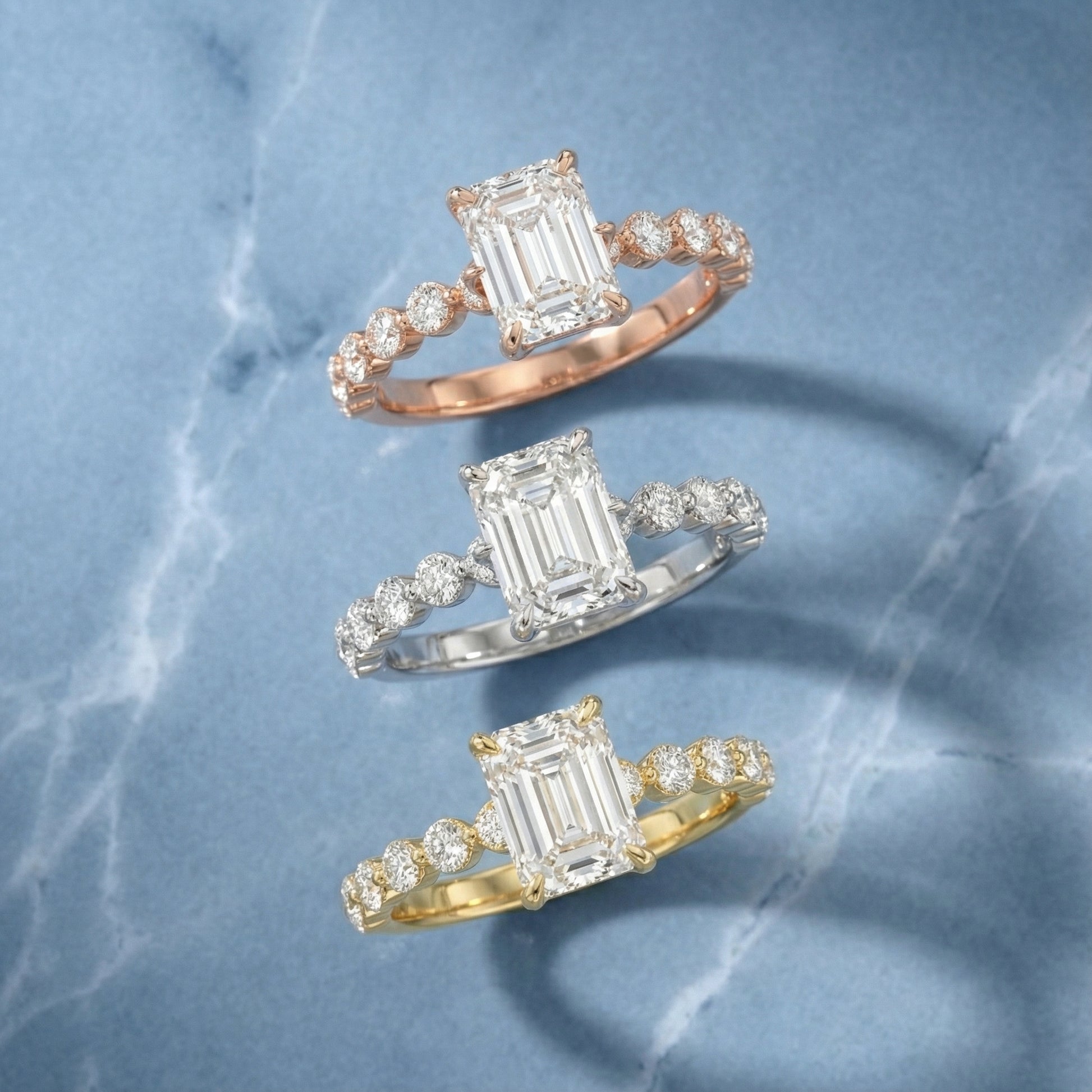 Emerald Cut Lab Grown Diamond Engagement Ring with Side Stones in Yellow Gold