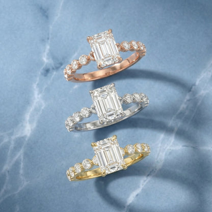 Emerald Cut Lab Grown Diamond Engagement Ring with Side Stones in Yellow Gold