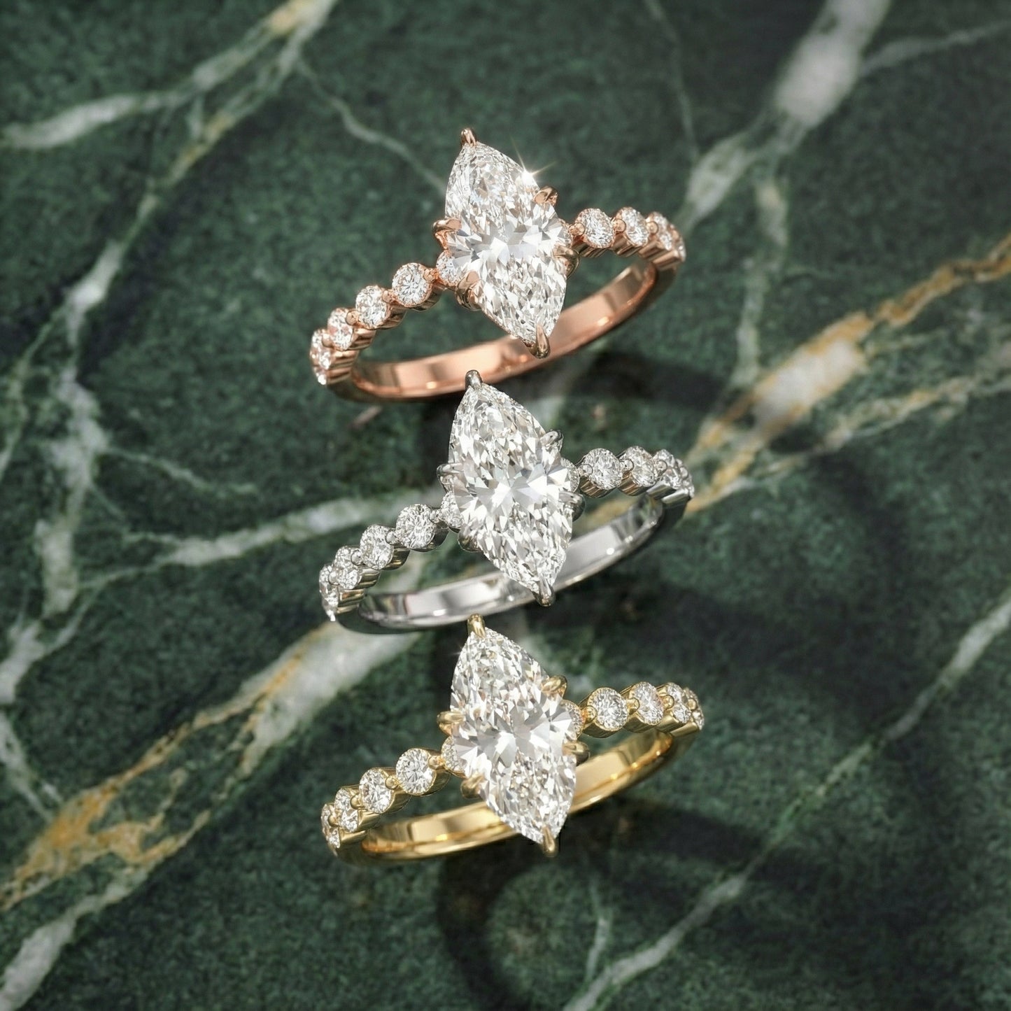 Marquise Cut Lab Grown Diamond Engagement Ring with floating side stones set in Yellow Gold