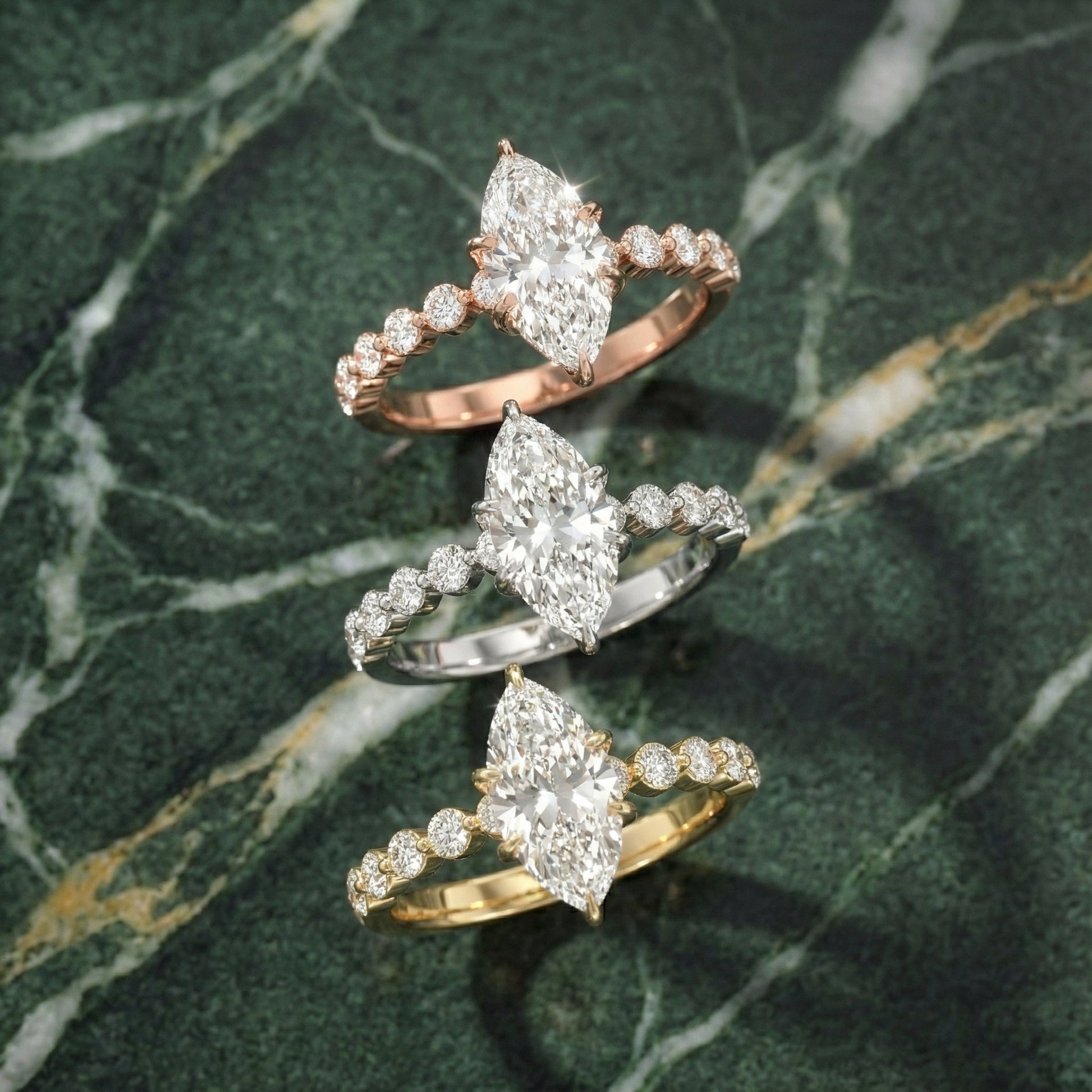 Marquise Cut Lab Grown Diamond Engagement Ring with floating side stones set in Yellow Gold