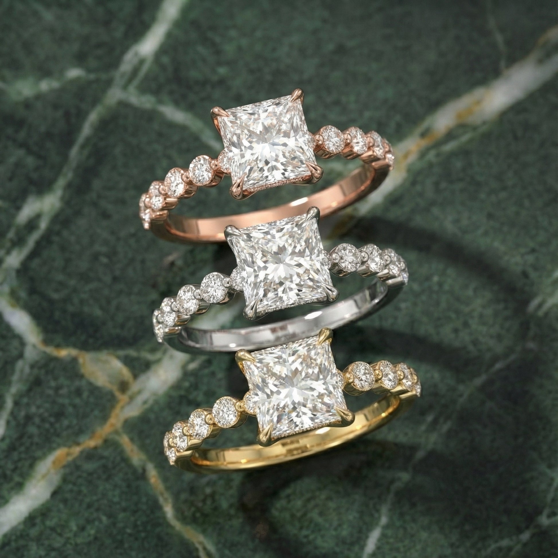 Princess Cut Lab Grown Diamond Engagement Ring in Yellow Gold with floating side stones