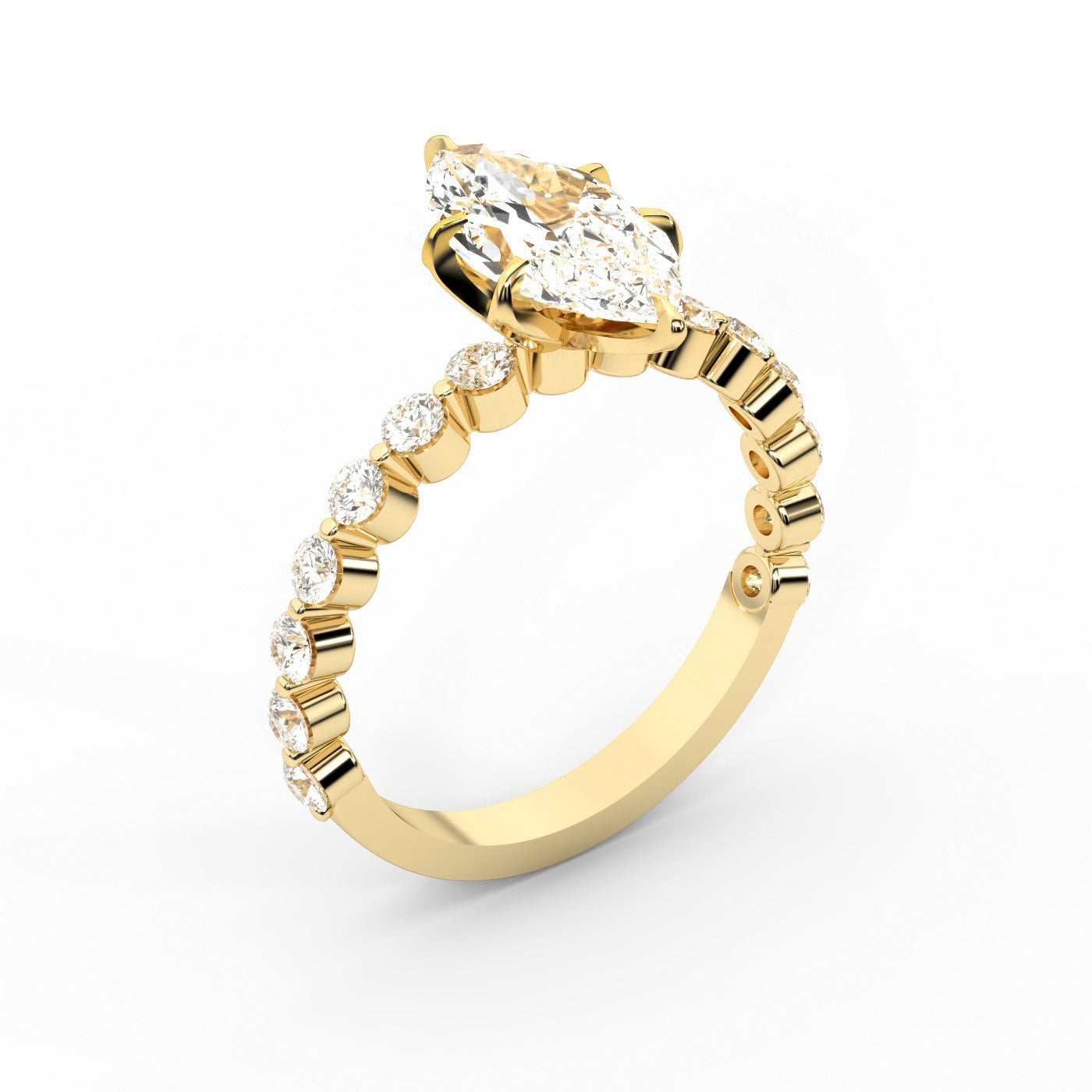 Marquise Cut Lab Grown Diamond Engagement Ring with floating side stones set in Yellow Gold