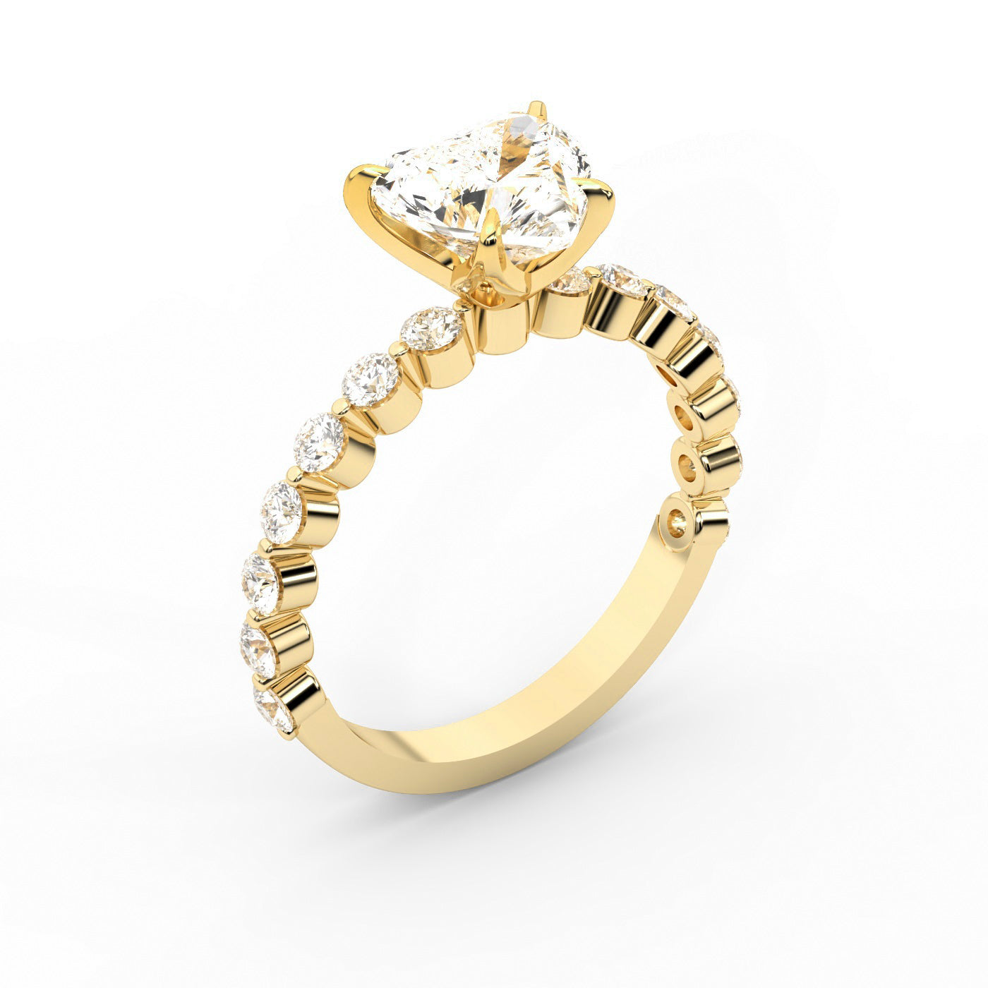 Heart Cut Lab Grown Diamond Side Stone Engagement Ring in Yellow Gold setting
