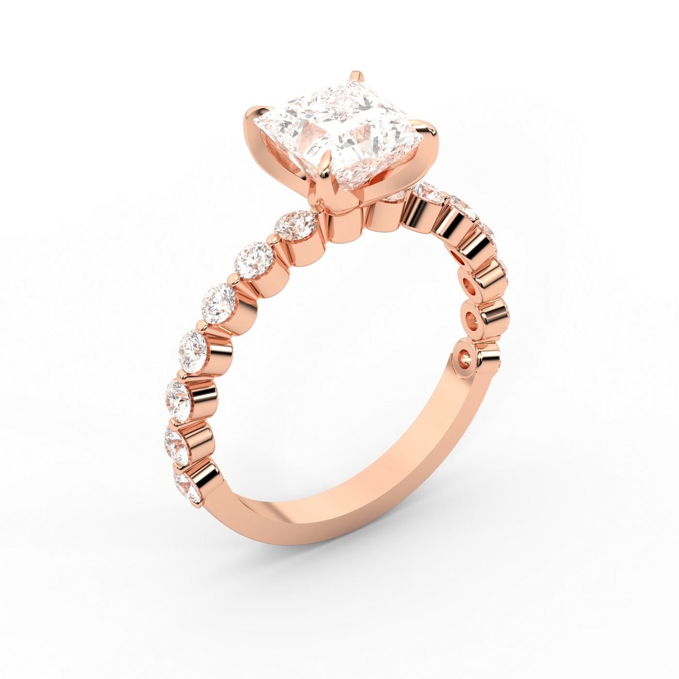 Princess Cut Lab Grown Diamond Engagement Ring in Rose Gold with floating side stones
