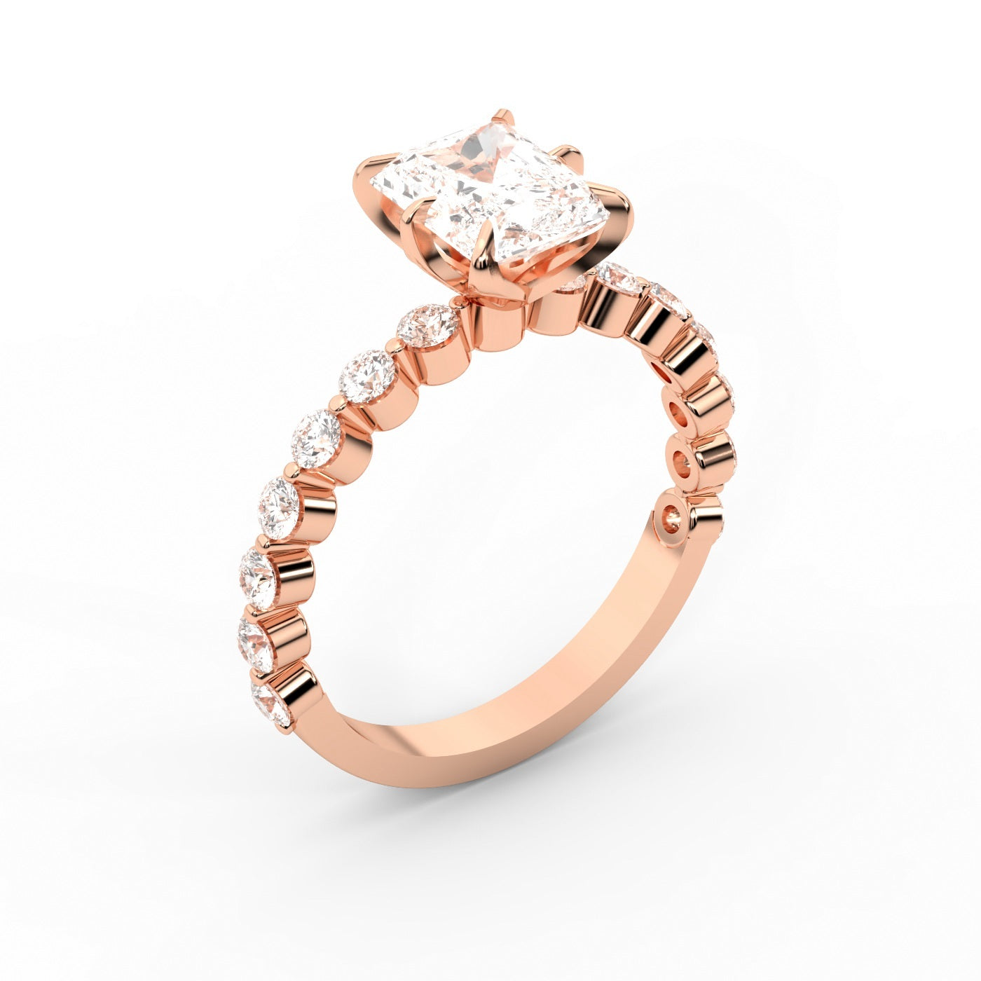 Radiant Cut Lab Grown Diamond Engagement Ring with Side Stones in Rose Gold