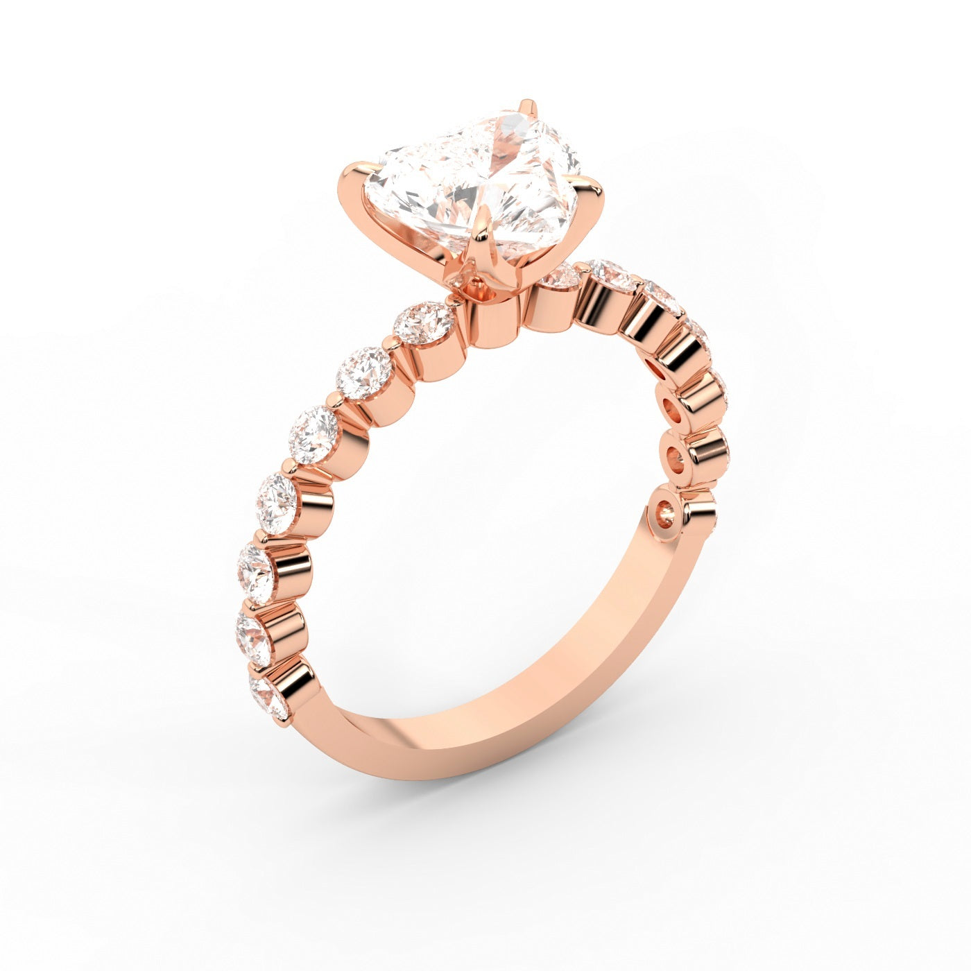 Heart Cut Lab Grown Diamond Side Stone Engagement Ring in Rose Gold setting