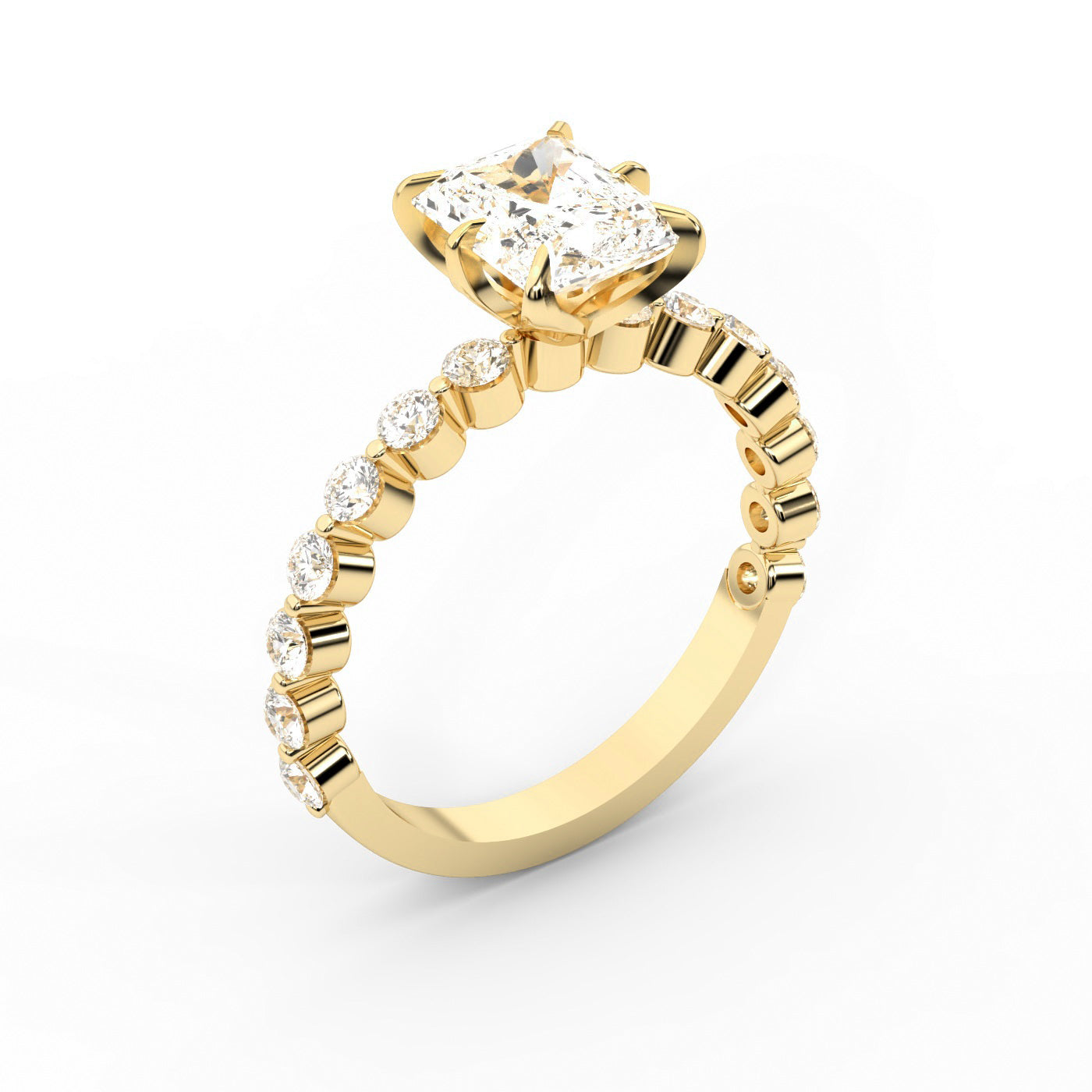 Radiant Cut Lab Grown Diamond Engagement Ring with Side Stones in Yellow Gold