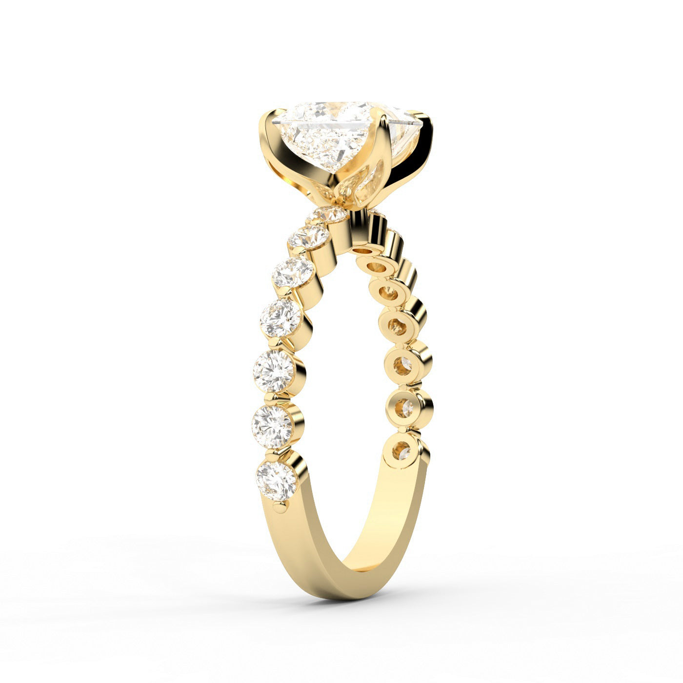 Princess Cut Lab Grown Diamond Engagement Ring in Yellow Gold with floating side stones