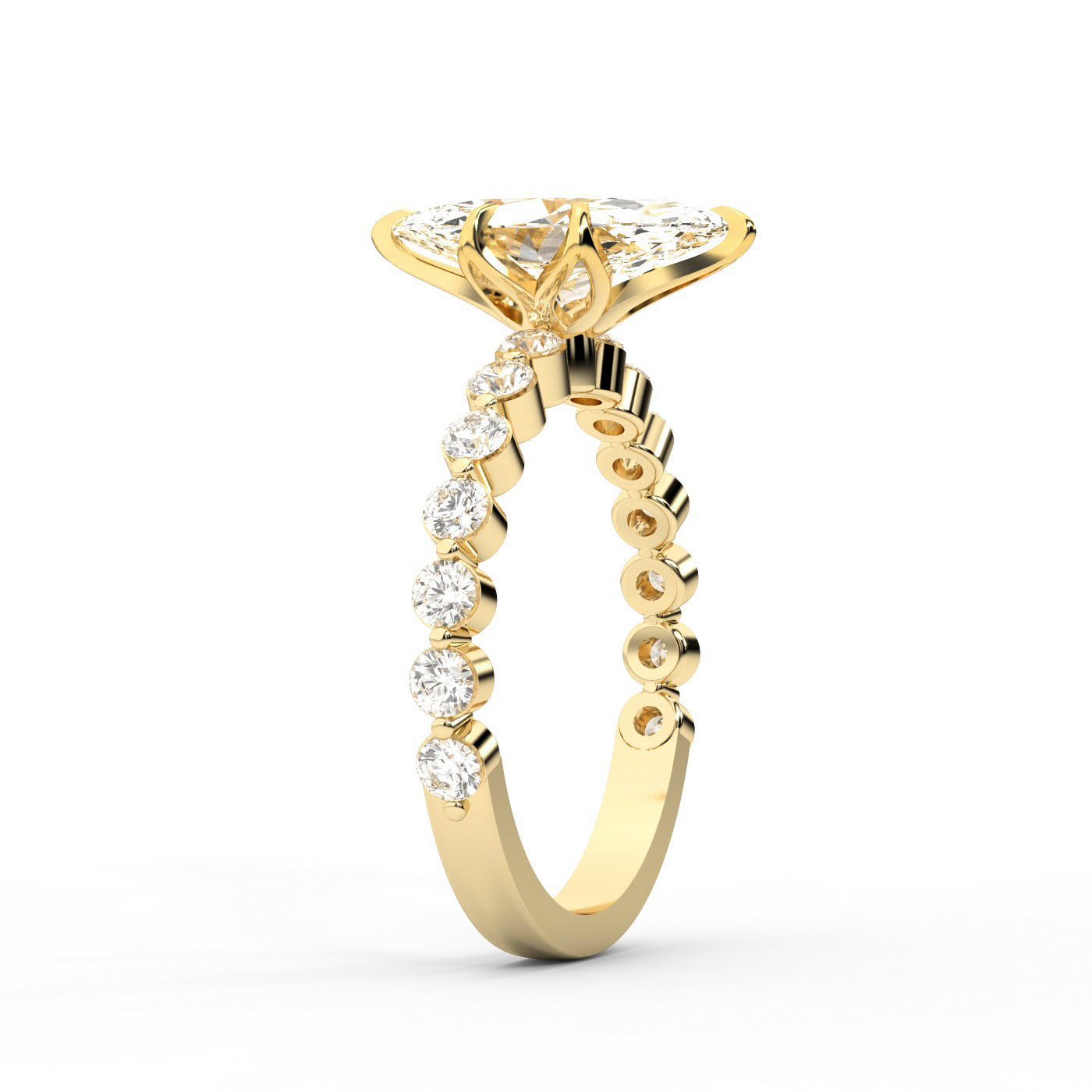 Marquise Cut Lab Grown Diamond Engagement Ring with floating side stones set in Yellow Gold