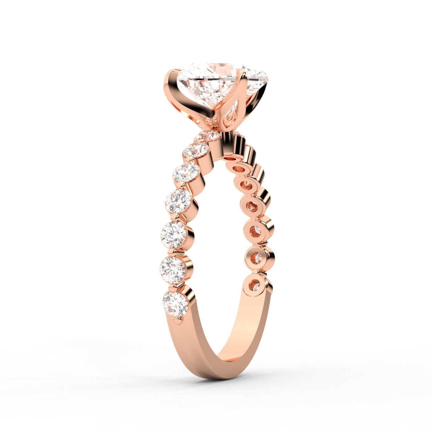 Heart Cut Lab Grown Diamond Side Stone Engagement Ring in Rose Gold setting