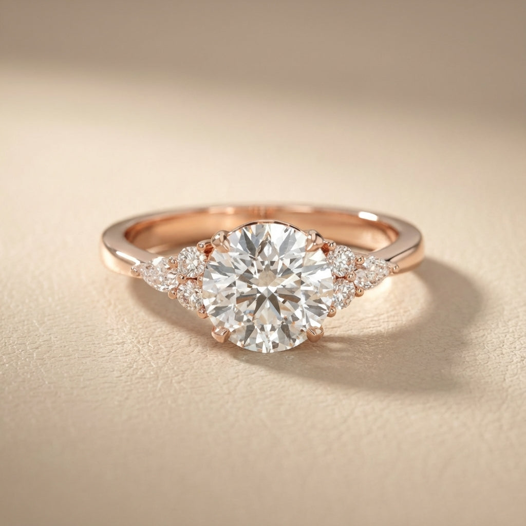 Round Cut Lab Grown Diamond Three Stone Engagement Ring in Rose Gold