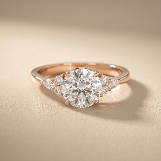 Round Cut Lab Grown Diamond Three Stone Engagement Ring in Rose Gold