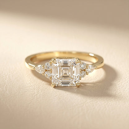 Asscher Cut Lab Grown Diamond Amelia Three Stone Engagement Ring in Yellow Gold