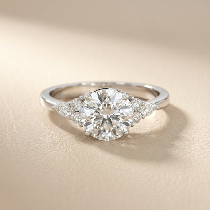 Round Cut Lab Grown Diamond Three Stone Engagement Ring in Silver