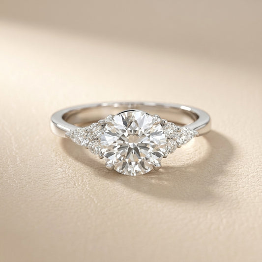 Round Cut Lab Grown Diamond Three Stone Engagement Ring in Silver