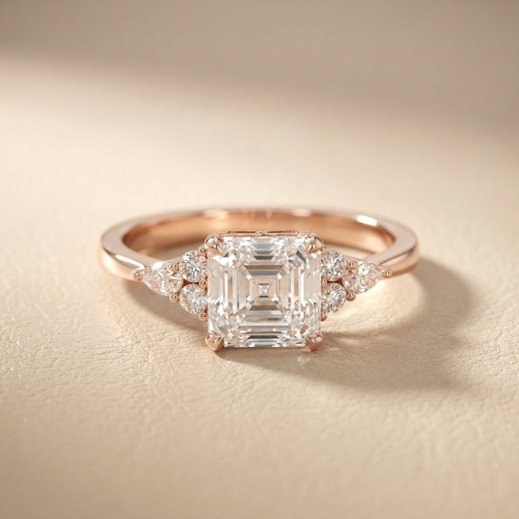 Asscher Cut Lab Grown Diamond Amelia Three Stone Engagement Ring in Rose Gold