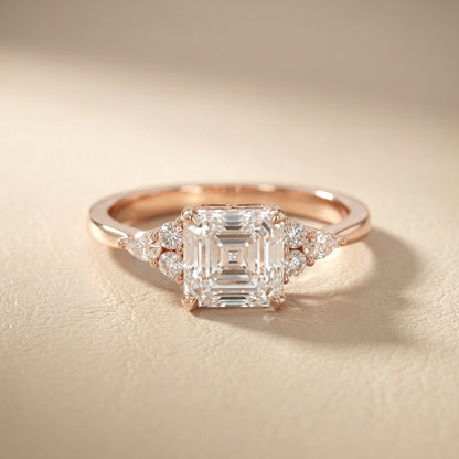 Asscher Cut Lab Grown Diamond Amelia Three Stone Engagement Ring in Rose Gold