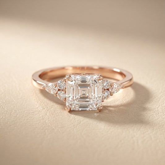 Asscher Cut Lab Grown Diamond Amelia Three Stone Engagement Ring in Rose Gold