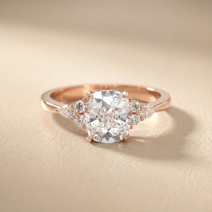 Cushion Cut Lab Grown Diamond Three Stone Engagement Ring in Rose Gold