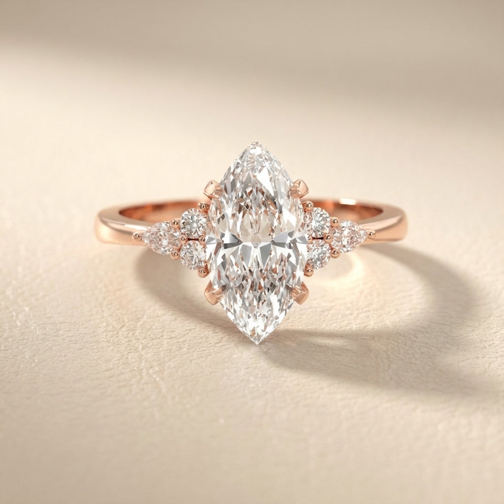 Marquise Cut Lab Grown Diamond Engagement Ring with side stone clusters set in Rose Gold