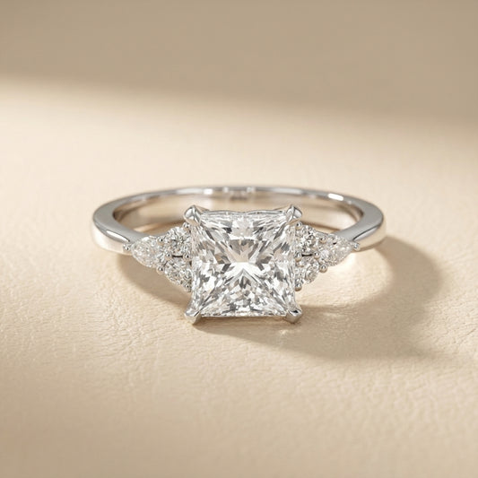 Princess Cut Lab Grown Diamond Engagement Ring in Silver with side stone accents