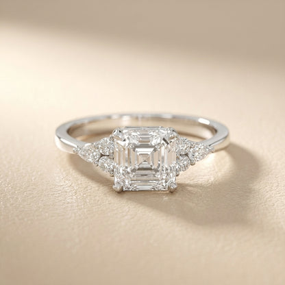 Asscher Cut Lab Grown Diamond Amelia Three Stone Engagement Ring in Silver