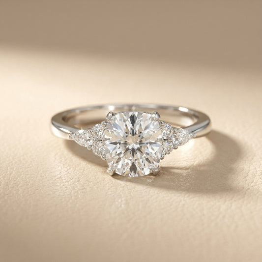 Cushion Cut Lab Grown Diamond Three Stone Engagement Ring in Platinum