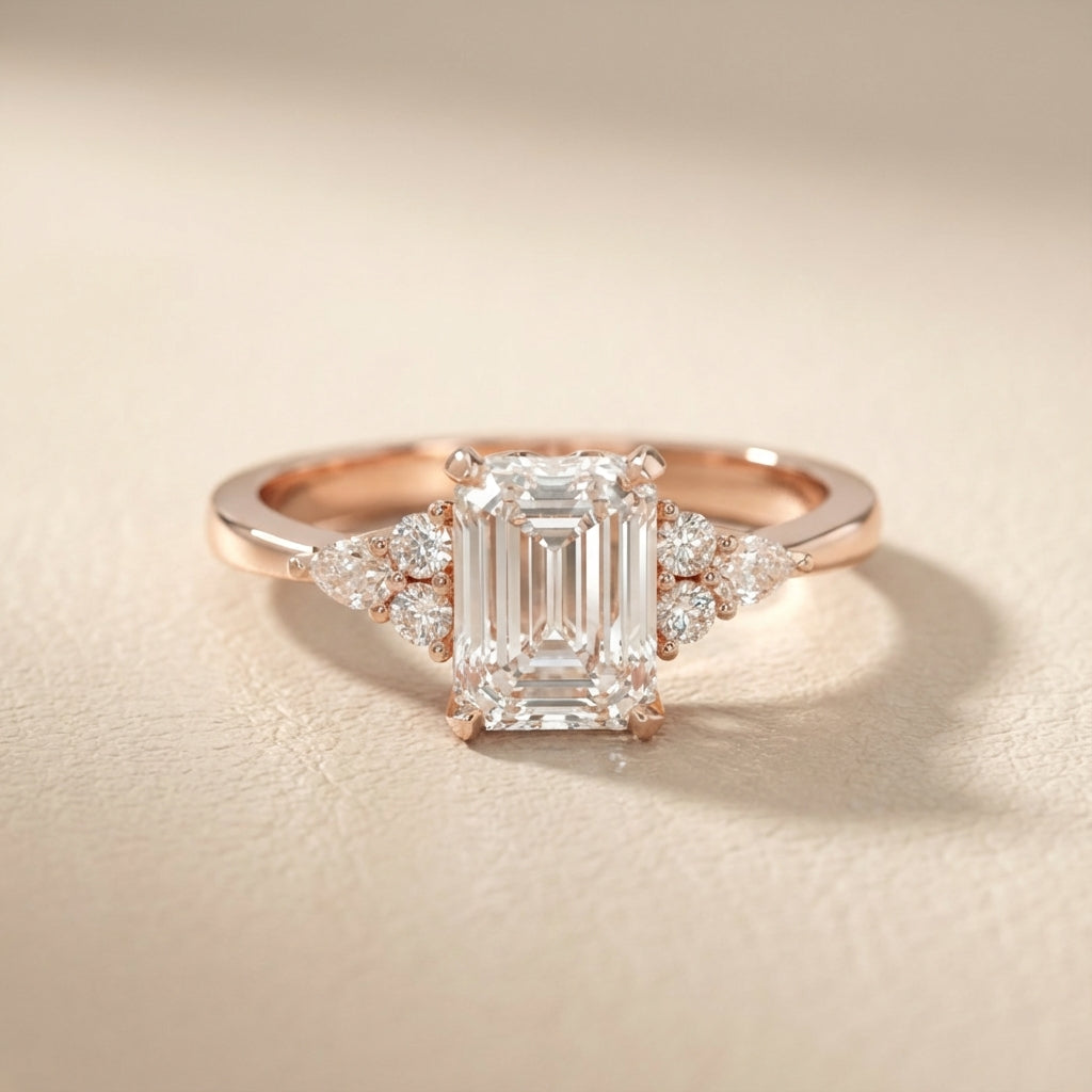 Emerald Cut Lab Grown Diamond Engagement Ring with side stone clusters set in Rose Gold