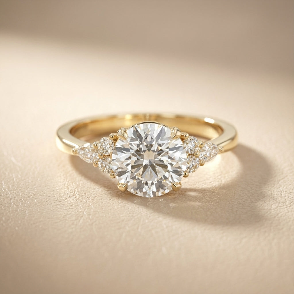 Round Cut Lab Grown Diamond Three Stone Engagement Ring in Yellow Gold