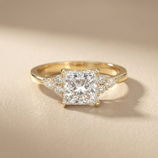 Princess Cut Lab Grown Diamond Engagement Ring in Yellow Gold with side stone accents