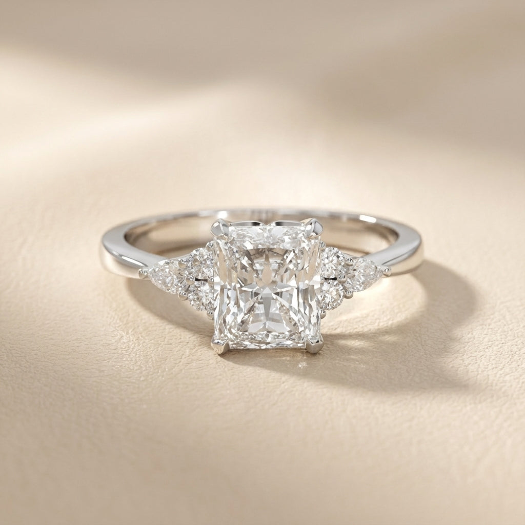 Radiant Cut Lab Grown Diamond Three Stone Engagement Ring in White Gold