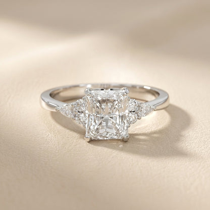 Radiant Cut Lab Grown Diamond Three Stone Engagement Ring in White Gold