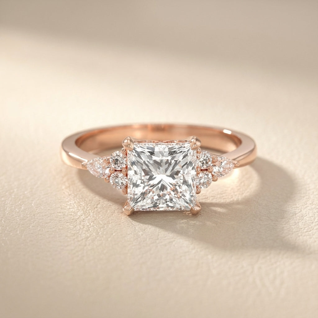 Princess Cut Lab Grown Diamond Engagement Ring in Rose Gold with side stone accents