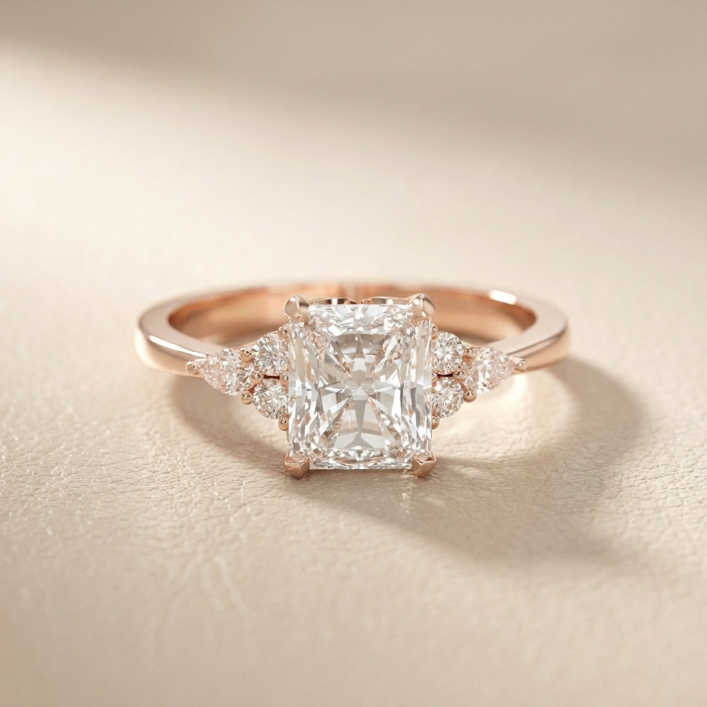Radiant Cut Lab Grown Diamond Three Stone Engagement Ring in Rose Gold