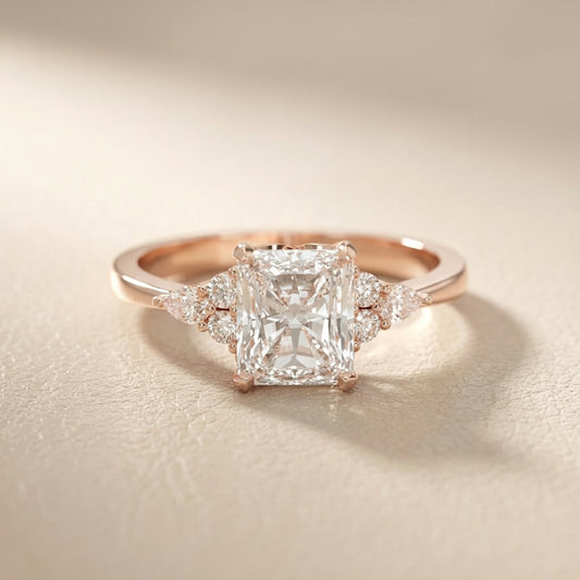 Radiant Cut Lab Grown Diamond Three Stone Engagement Ring in Rose Gold