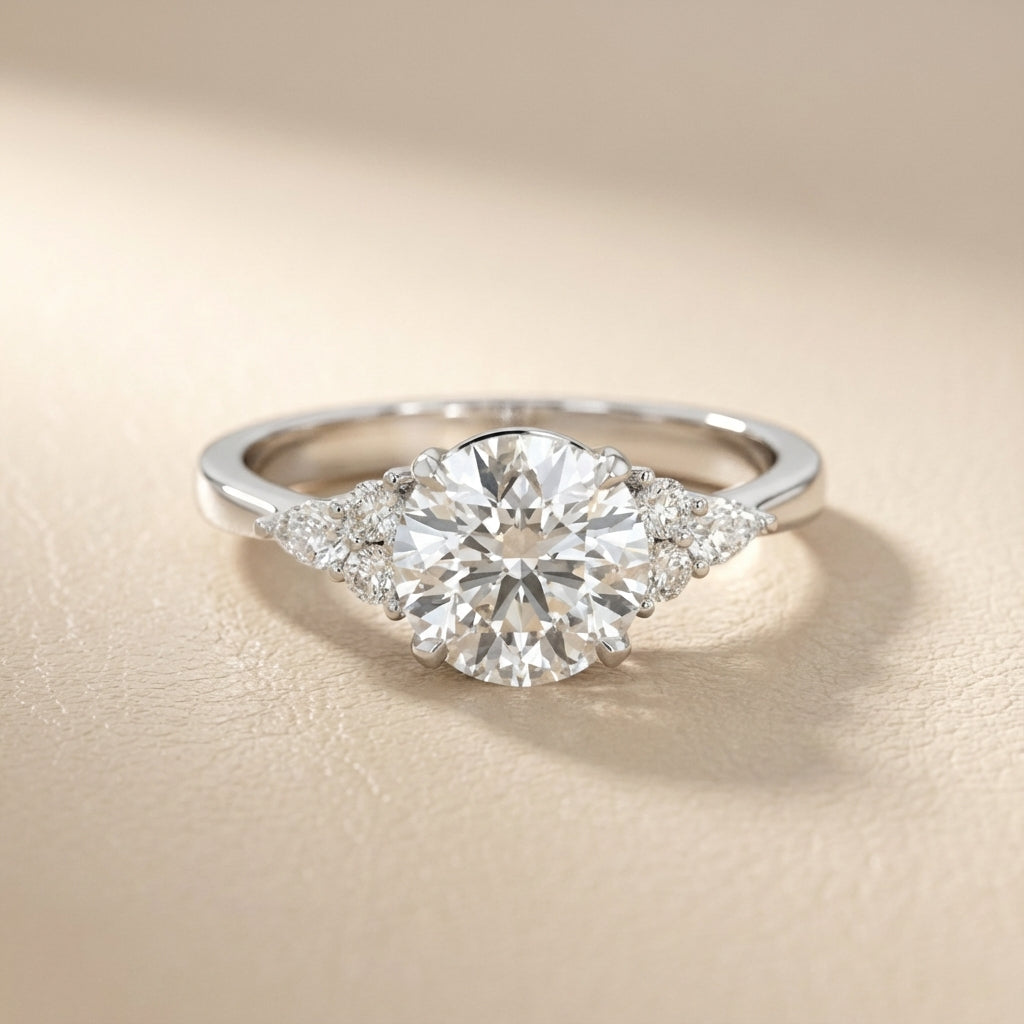 Round Cut Lab Grown Diamond Three Stone Engagement Ring in White Gold