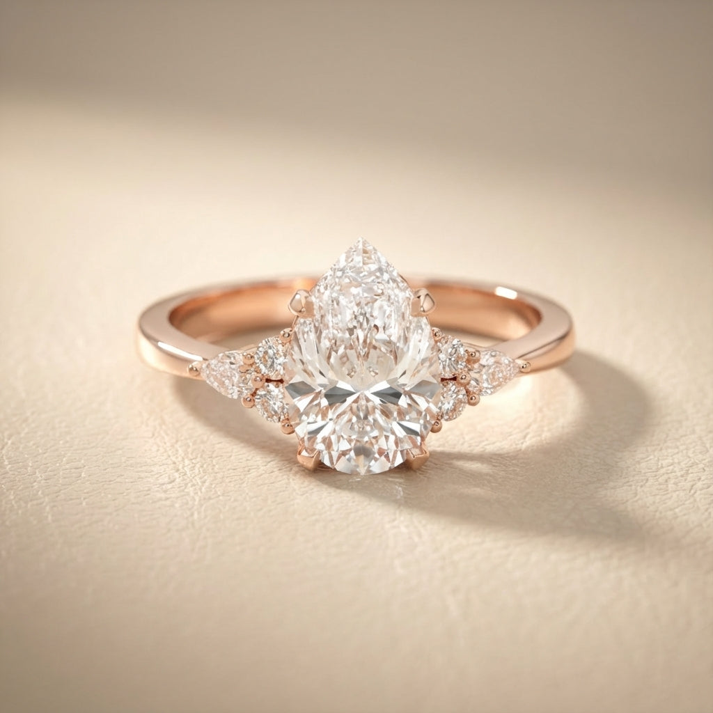Pear Cut Lab Grown Diamond Three Stone Engagement Ring in Rose Gold
