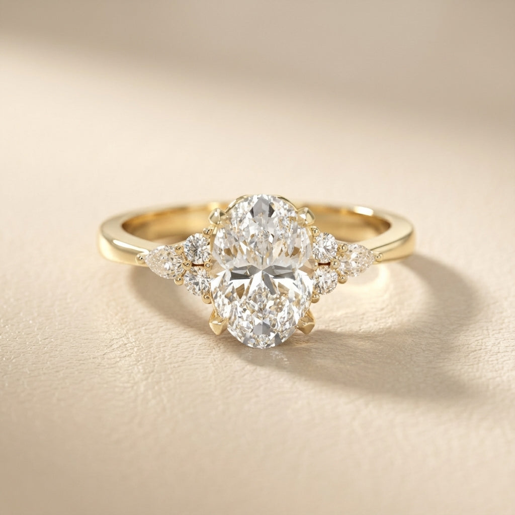Oval Cut Lab Grown Diamond Three Stone Engagement Ring in Yellow Gold
