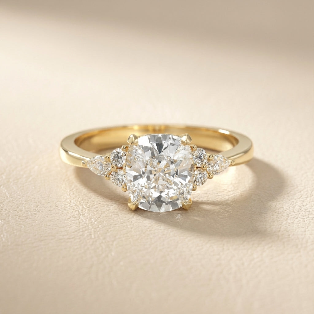 Cushion Cut Lab Grown Diamond Three Stone Engagement Ring in Yellow Gold